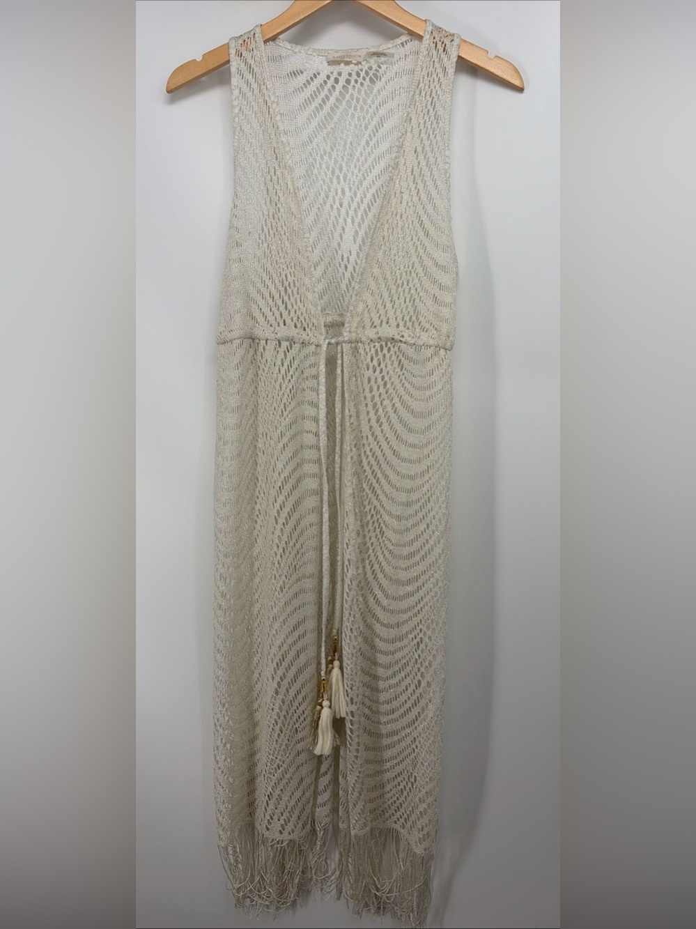 Ramy Brook Sz M Sheer Knit Maxi Beach Cover-Up Gold Tassel Resort Coastal
